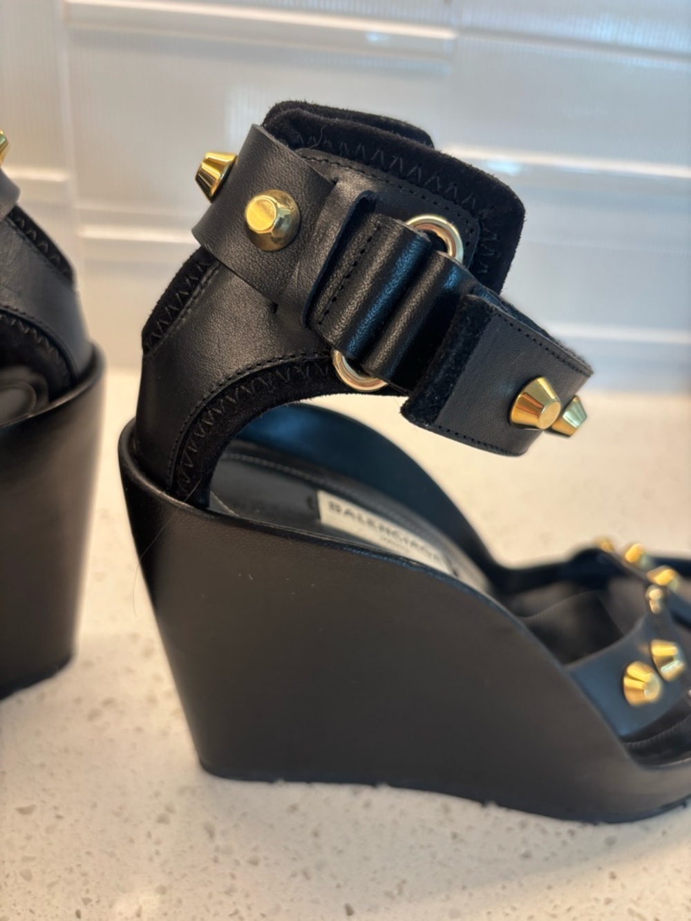Balenciaga Black Leather Gold-Stud Platform Sandals - Picture 7 of 10